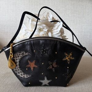Accents by Sharif RARE Black Embossed Leather Crossbody Bag Moon Star Patchwork